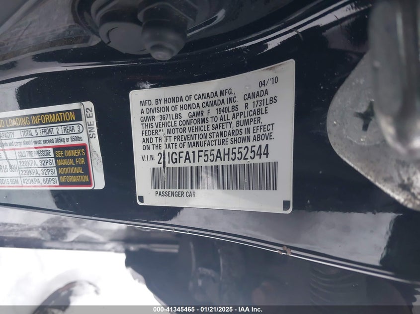 2010 HONDA CIVIC VIN: 2HGFA1F55AH552544