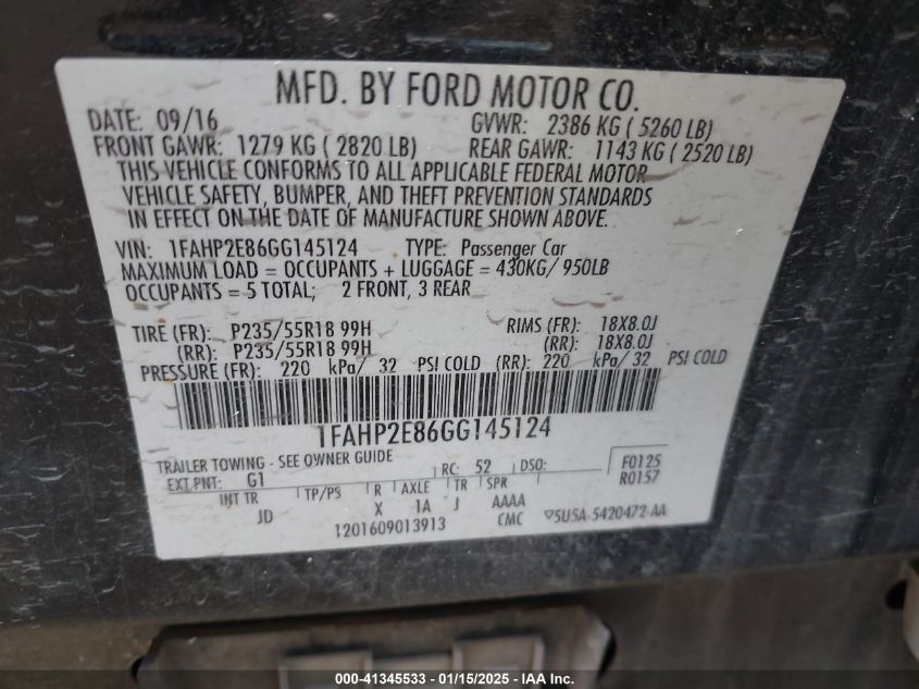 VIN 1FAHP2E86GG145124 2016 FORD TAURUS no.9