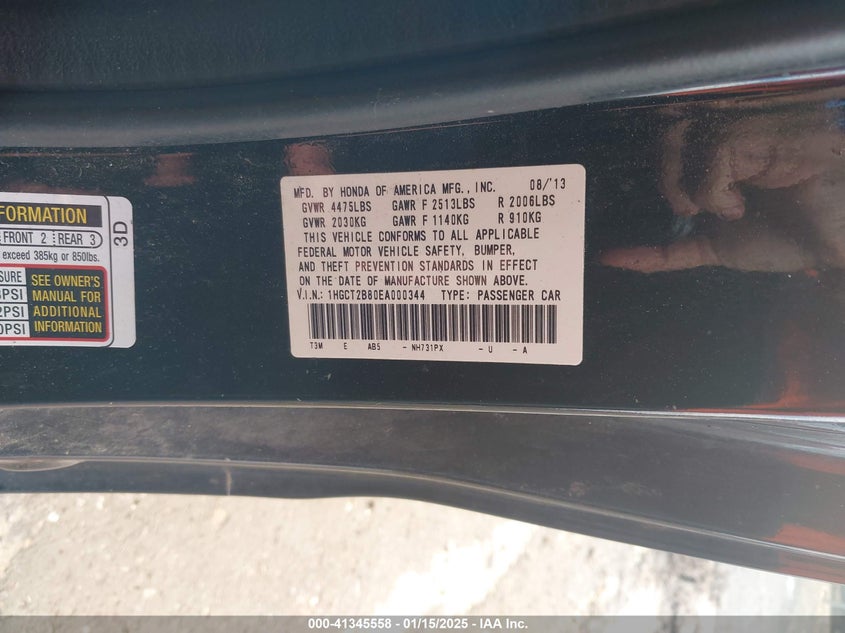 2014 HONDA ACCORD VIN: 1HGCT2B80EA000344