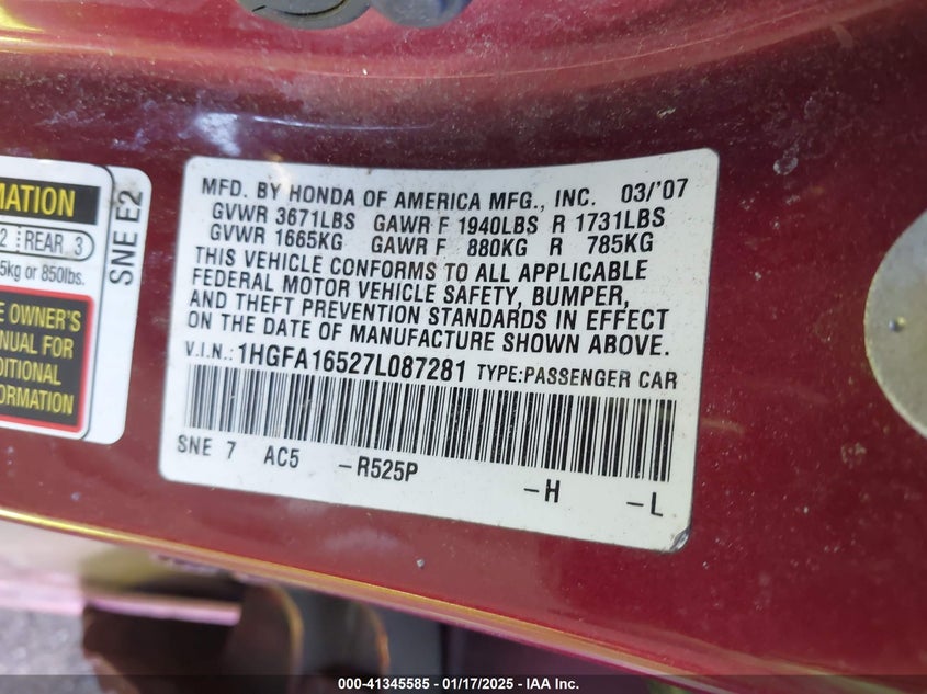 2007 HONDA CIVIC VIN: 1HGFA16527L087281