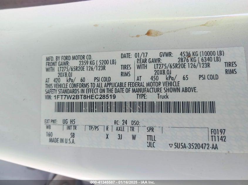 2017 FORD F-250 LARIAT - 1FT7W2BT8HEC28519