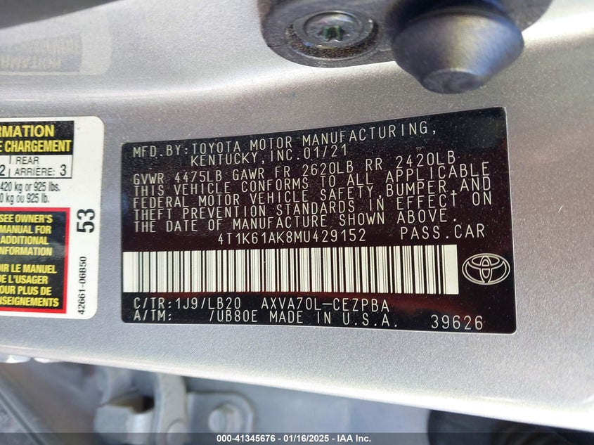 2021 TOYOTA CAMRY XSE - 4T1K61AK8MU429152