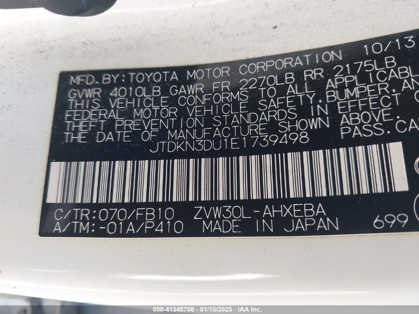 VIN JTDKN3DU1E1739498 2014 TOYOTA PRIUS no.9