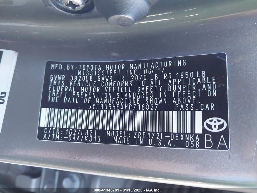 2017 TOYOTA COROLLA VIN: 5YFBURHEXHP716827
