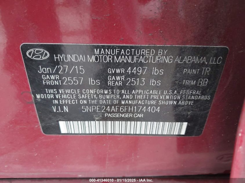 VIN 5NPE24AF6FH174404 2015 Hyundai Sonata, SE no.9