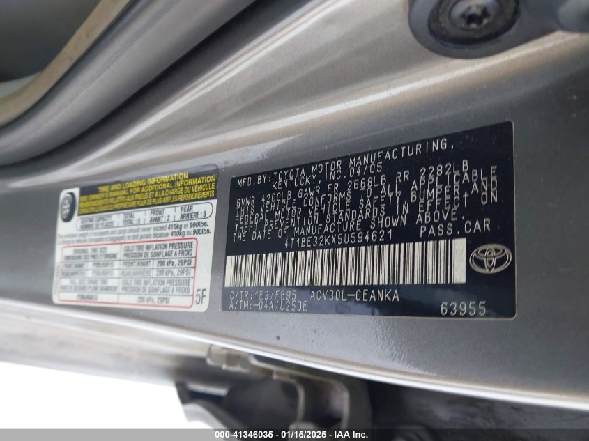 2005 Toyota Camry Le VIN: 4T1BE32KX5U594621 Lot: 41346035