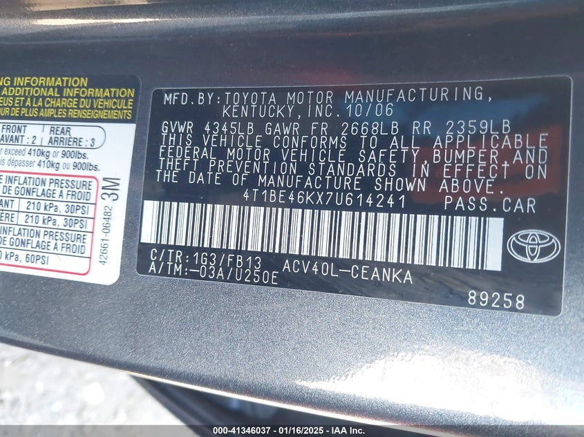 2007 TOYOTA CAMRY VIN: 4T1BE46KX7U614241