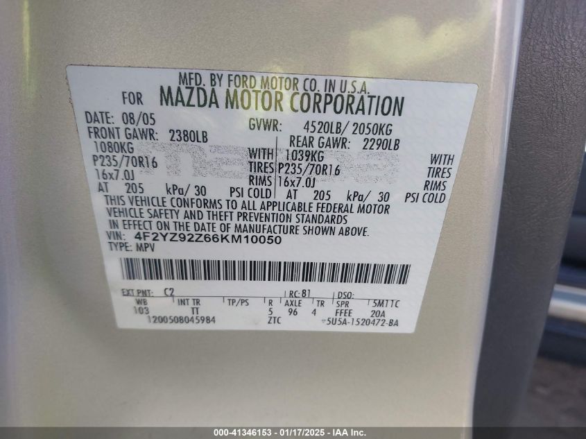 2006 Mazda Tribute VIN: 4FYZ92Z66KM10050 Lot: 41346153