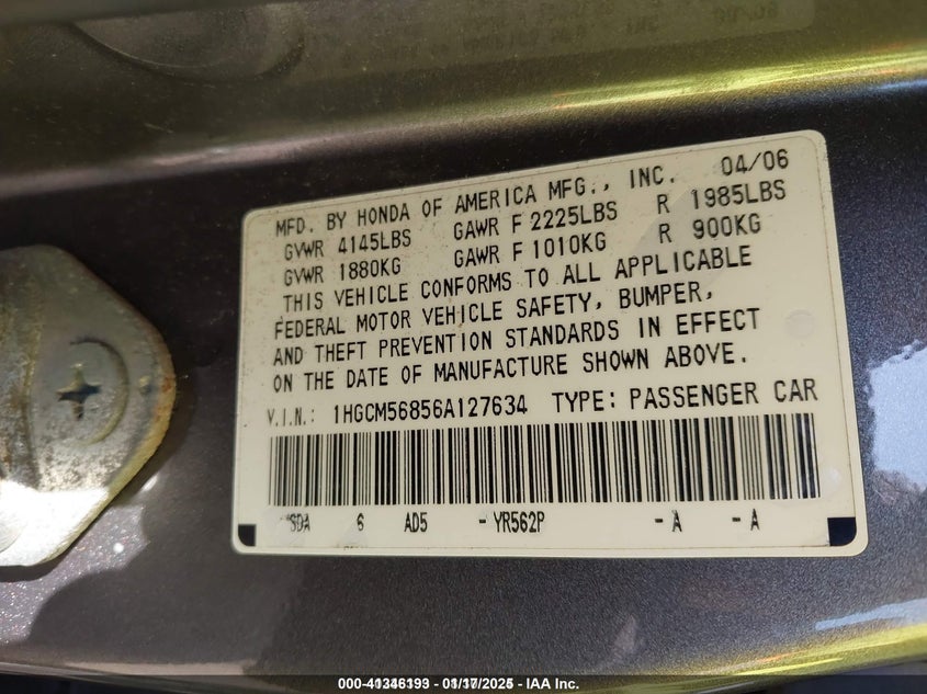 2006 HONDA ACCORD VIN: 1HGCM56856A127634