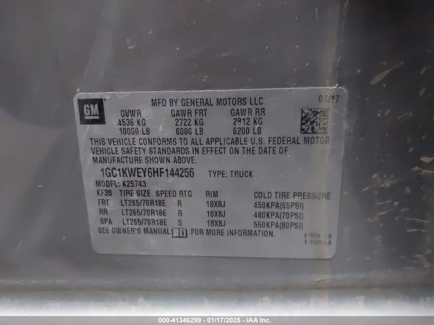 2017 Chevrolet Silverado 2500Hd Ltz VIN: 1GC1KWEY6HF144256 Lot: 41346299