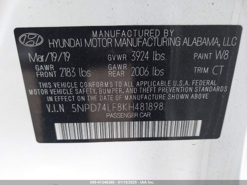 VIN 5NPD74LF8KH481898 2019 Hyundai Elantra, SE no.9