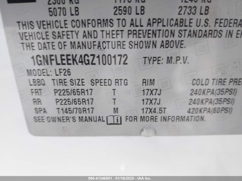 2016 Chevrolet Equinox Ls VIN: 1GNFLEEK4GZ100172 Lot: 41346501