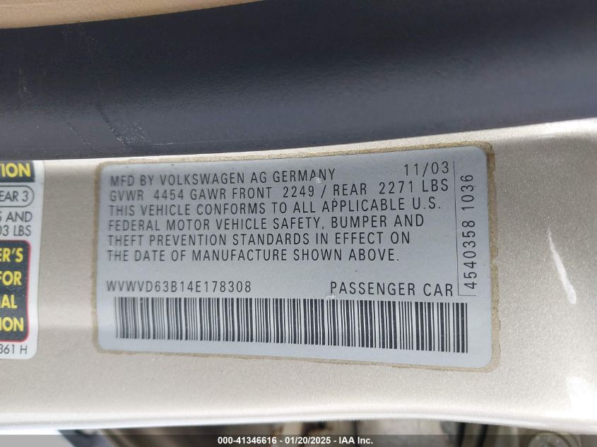 2004 Volkswagen Passat - Wagon VIN: WVWVD53B14E178308 Lot: 41346616