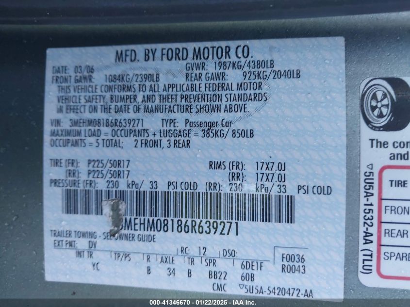 2006 Mercury Milan V6 Premier VIN: 3MEHM08186R639271 Lot: 41346670