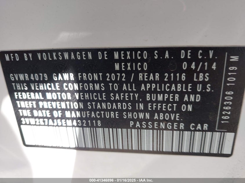 2014 VOLKSWAGEN JETTA VIN: 3VW2K7AJ5EM432118
