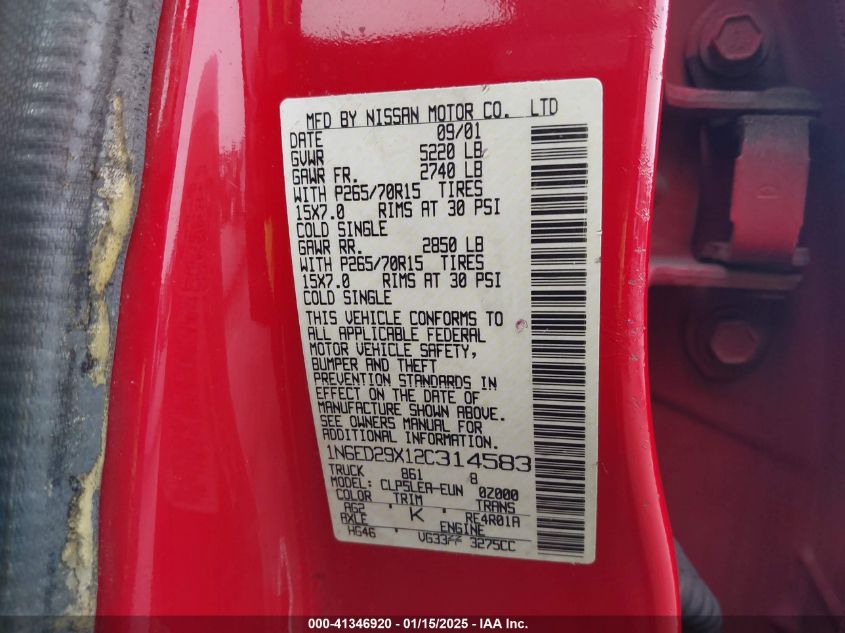 2002 Nissan Frontier Xe-V6 VIN: 1N6ED29X12C314583 Lot: 41346920