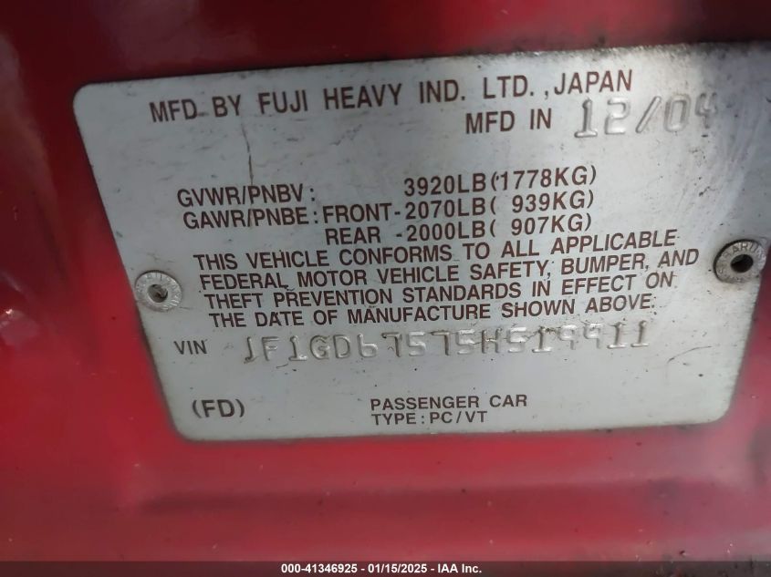 2005 Subaru Impreza 2.5Rs VIN: JF1GD67575H519911 Lot: 41346925