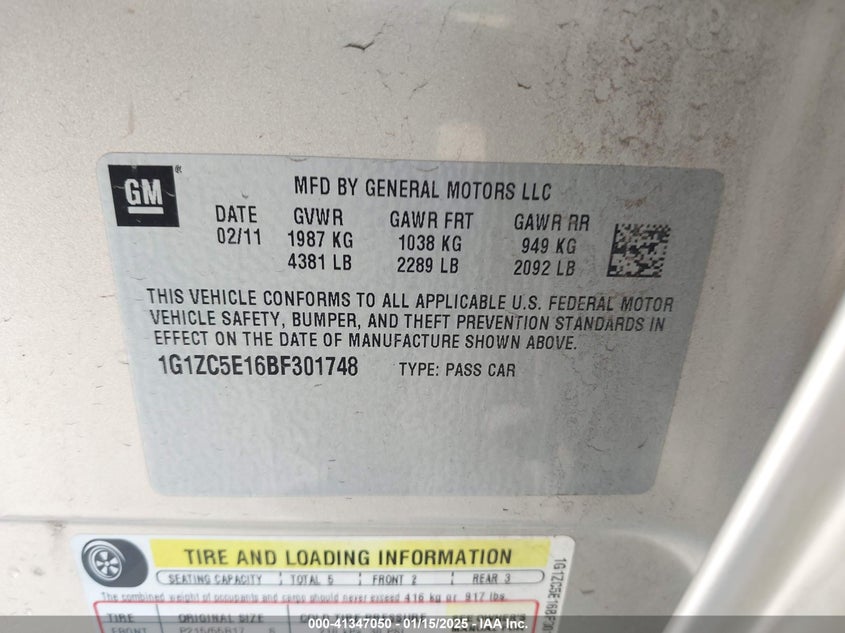 2011 CHEVROLET MALIBU VIN: 1G1ZC5E16BF301748