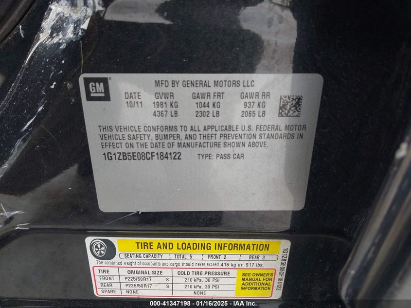 2012 CHEVROLET MALIBU VIN: 1G1ZB5E08CF184122