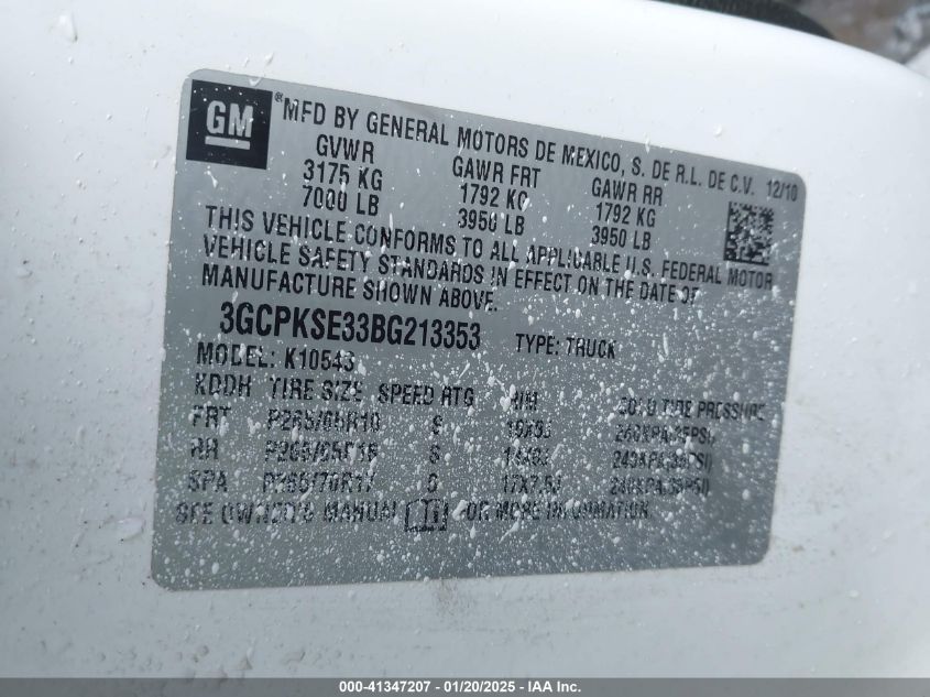 2011 Chevrolet Silverado 1500 Lt VIN: 3GCPKSE33BG213353 Lot: 41347207