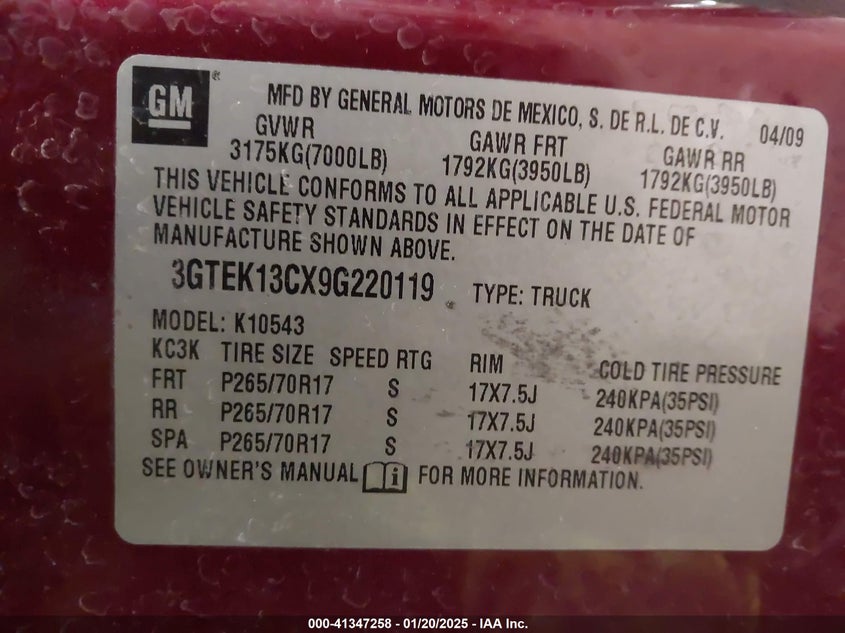 2009 GMC SIERRA 1500 VIN: 3GTEK13CX9G220119