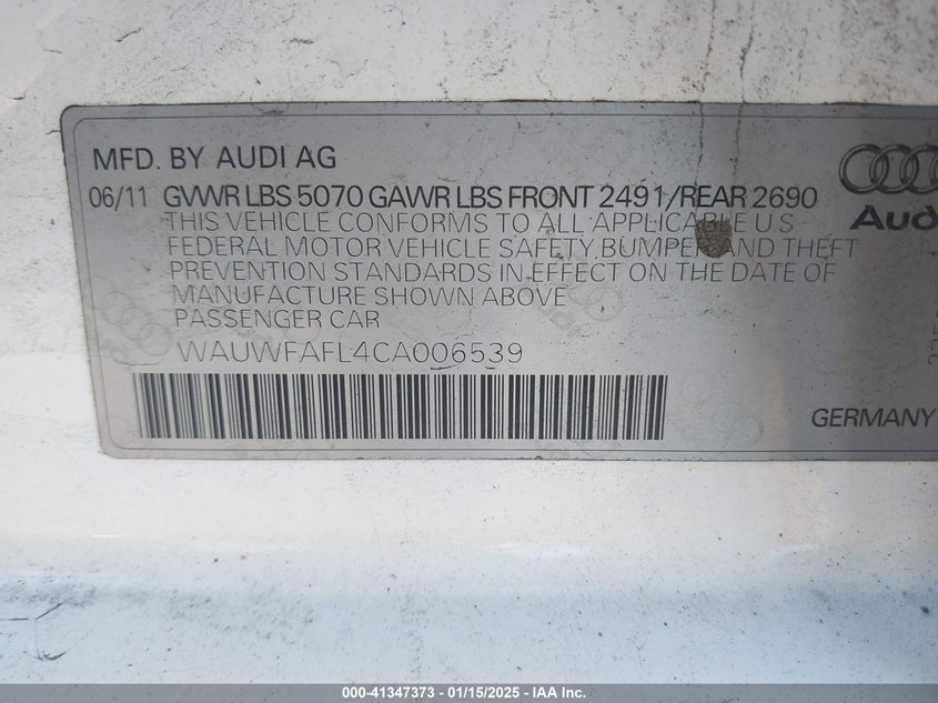 2012 AUDI A4 VIN: WAUWFAFL4CA006539