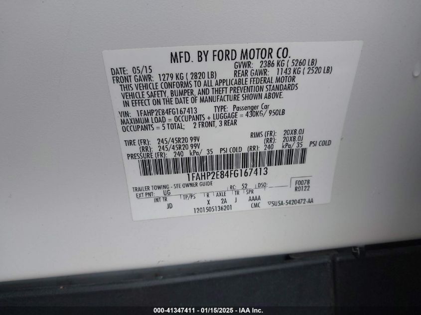 VIN 1FAHP2E84FG167413 2015 Ford Taurus, Sel no.9