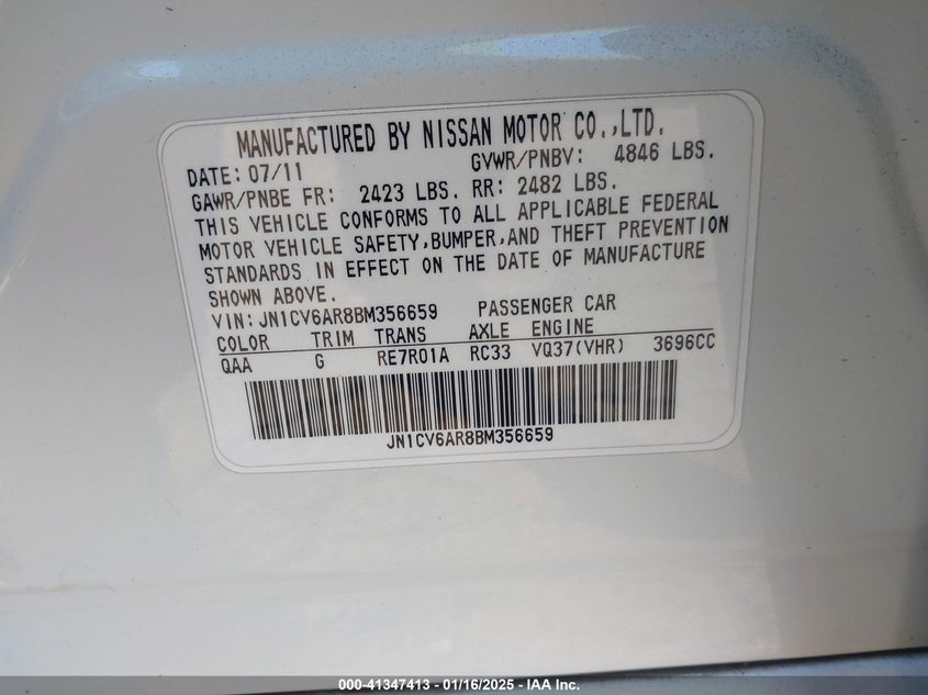 2011 INFINITI G37X VIN: JN1CV6AR8BM356659