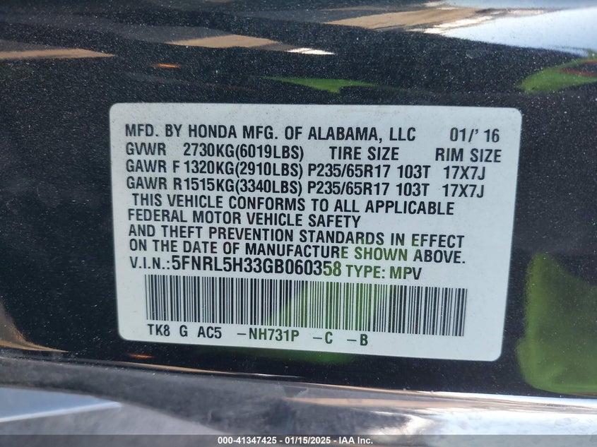 2016 Honda Odyssey Se VIN: 5FNRL5H33GB060358 Lot: 41347425