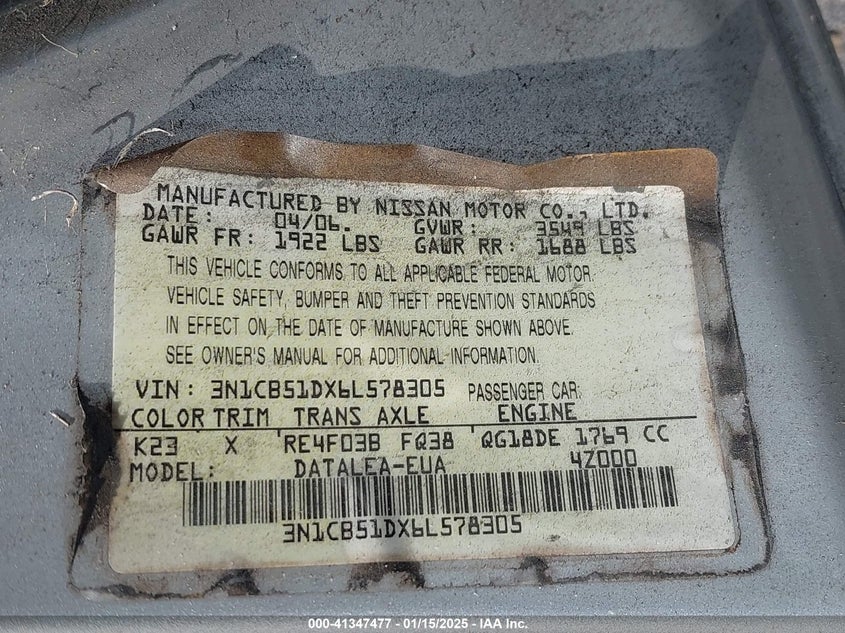 2006 NISSAN SENTRA VIN: 3N1CB51DX6L578305