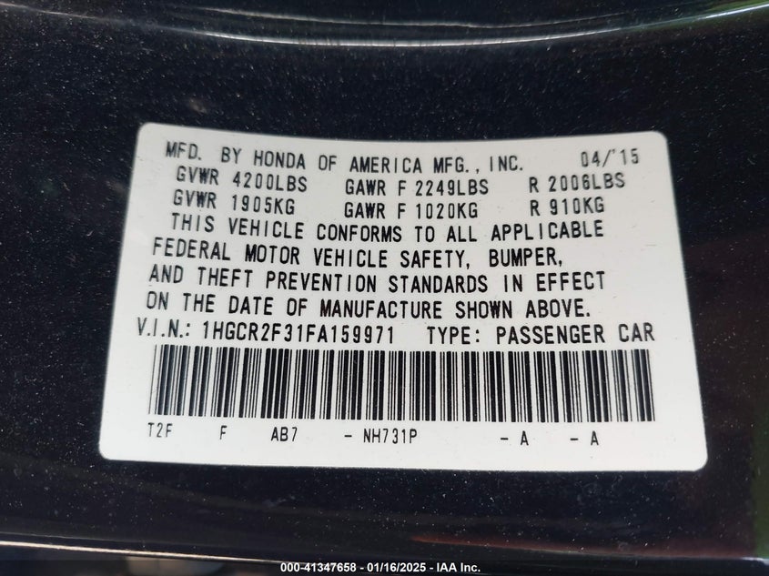 2015 HONDA ACCORD VIN: 1HGCR2F31FA159971