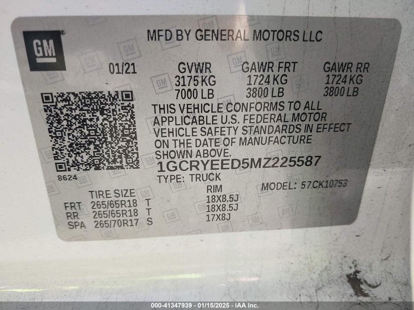 2021 CHEVROLET SILVERADO 1500 VIN: 1GCRYEED5MZ225587