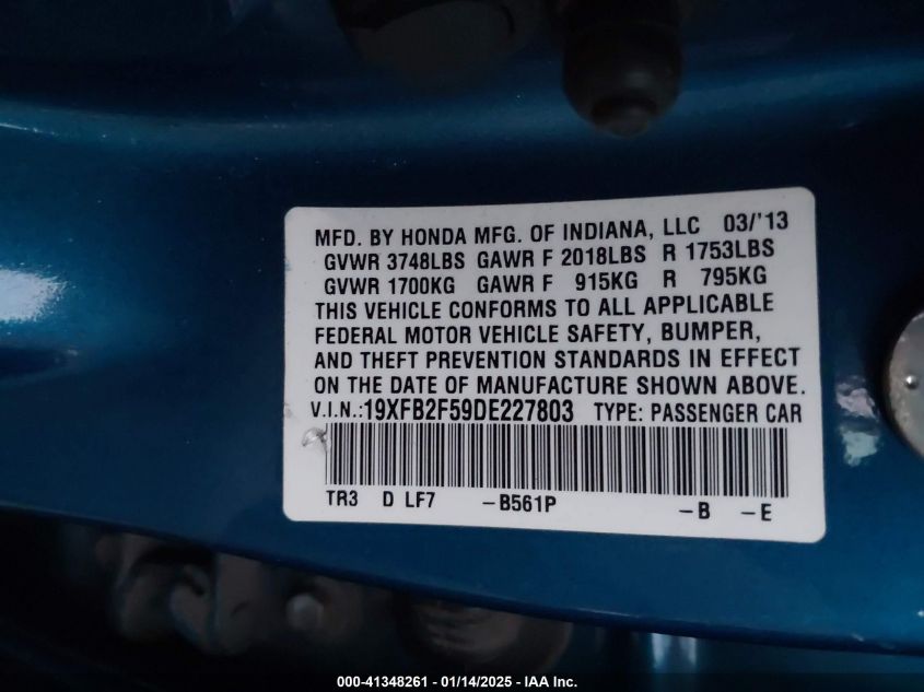 VIN 19XFB2F59DE227803 2013 HONDA CIVIC no.9