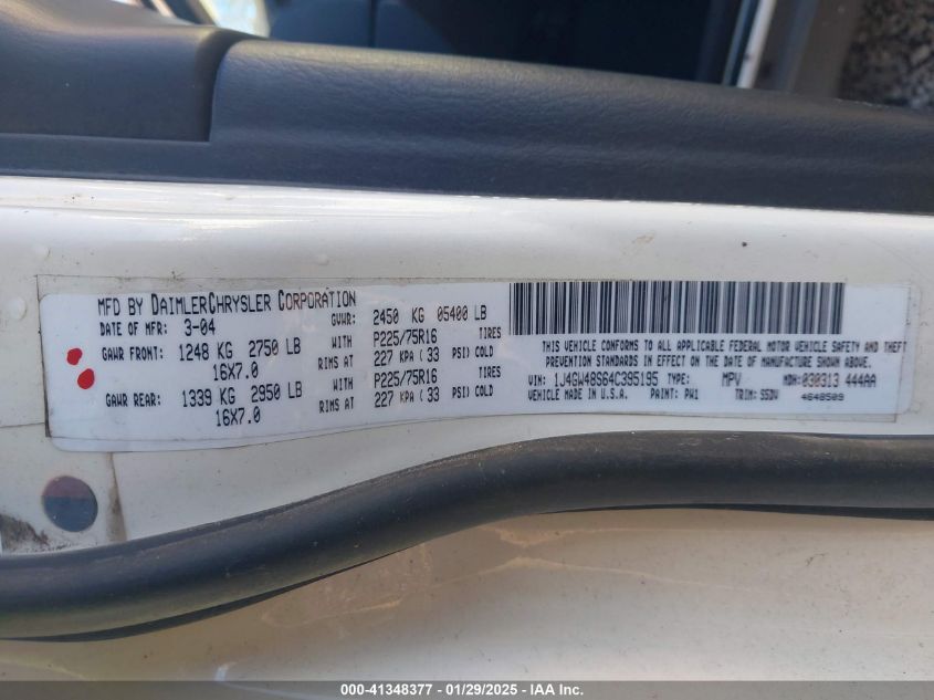 2004 Jeep Grand Cherokee Laredo VIN: 1J4GW48S64C395195 Lot: 41348377