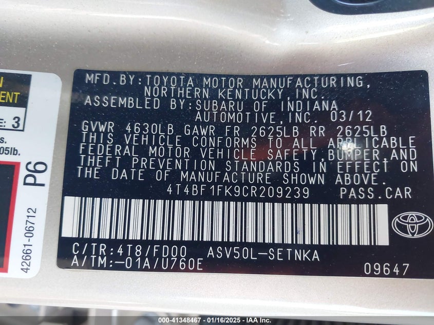 2012 TOYOTA CAMRY VIN: 4T4BF1FK9CR209239