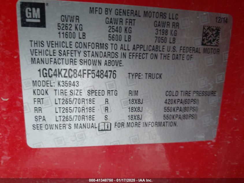 2015 Chevrolet Silverado 3500Hd Lt VIN: 1GC4KZC84FF548476 Lot: 41348750