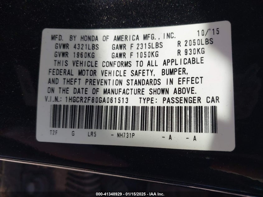 2016 HONDA ACCORD VIN: 1HGCR2F80GA061513