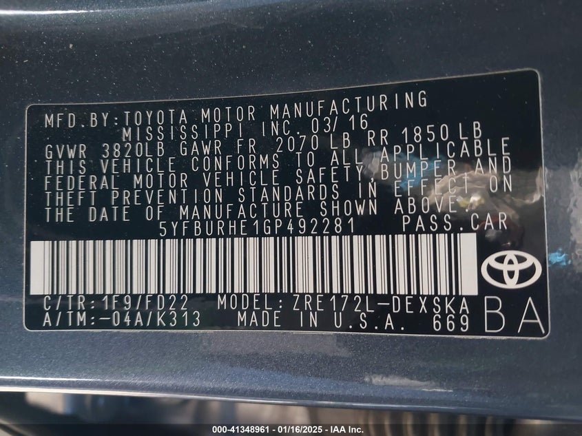 2016 TOYOTA COROLLA VIN: 5YFBURHE1GP492281