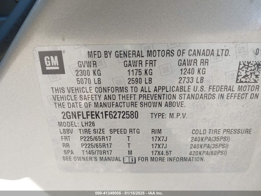 VIN 2GNFLFEK1F6272580 2015 Chevrolet Equinox, 1LT no.9