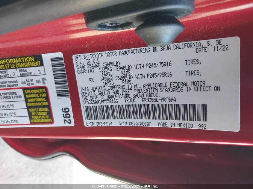 2023 TOYOTA TACOMA VIN: 3TMCZ5AN1PM550163