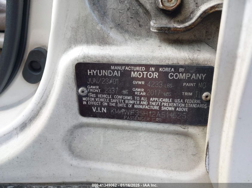 2002 Hyundai Sonata Gls/Lx VIN: KMHWF35H12A511525 Lot: 41349062