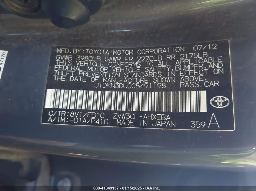 2012 TOYOTA PRIUS VIN: JTDKN3DU0C5491198