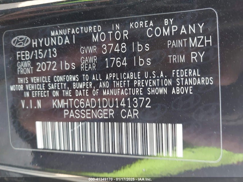 2013 HYUNDAI VELOSTER VIN: KMHTC6AD1DU141372