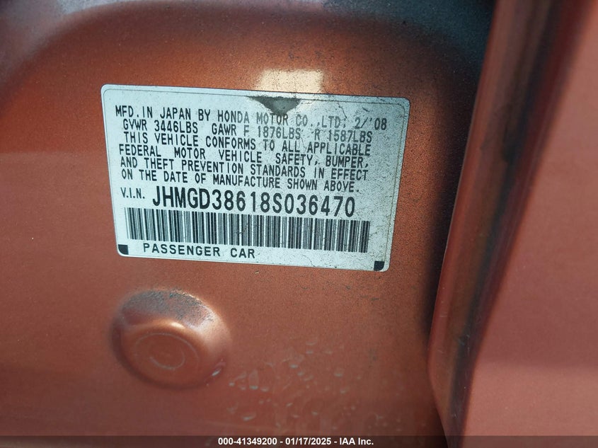2008 HONDA FIT VIN: JHMGD38618S036470