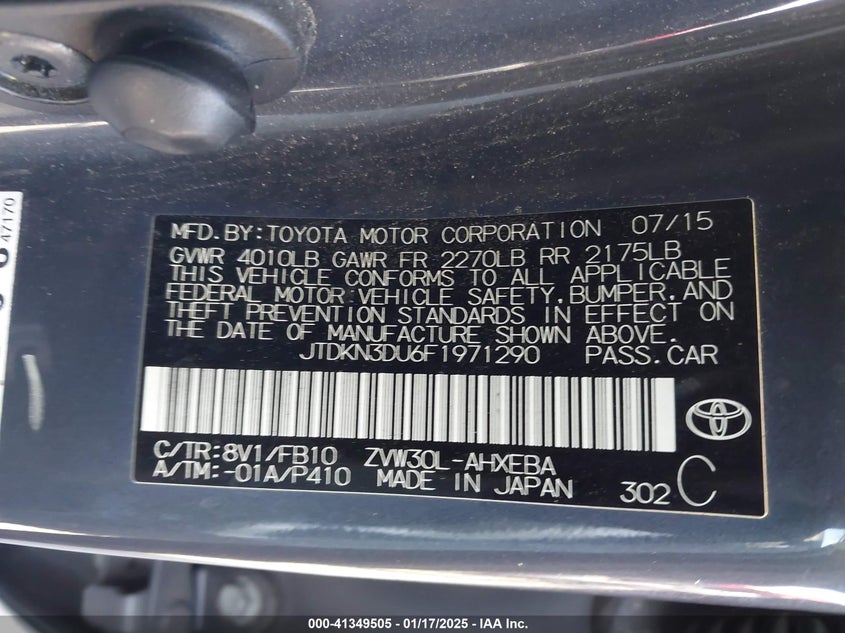 2015 TOYOTA PRIUS VIN: JTDKN3DU6F1971290