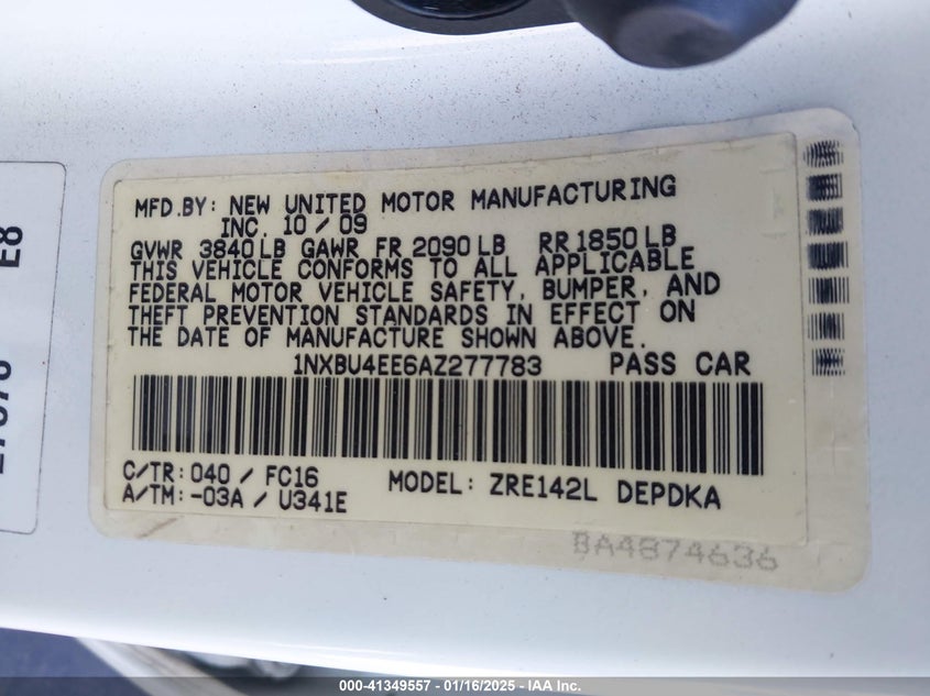 2010 TOYOTA COROLLA VIN: 1NXBU4EE6AZ277783
