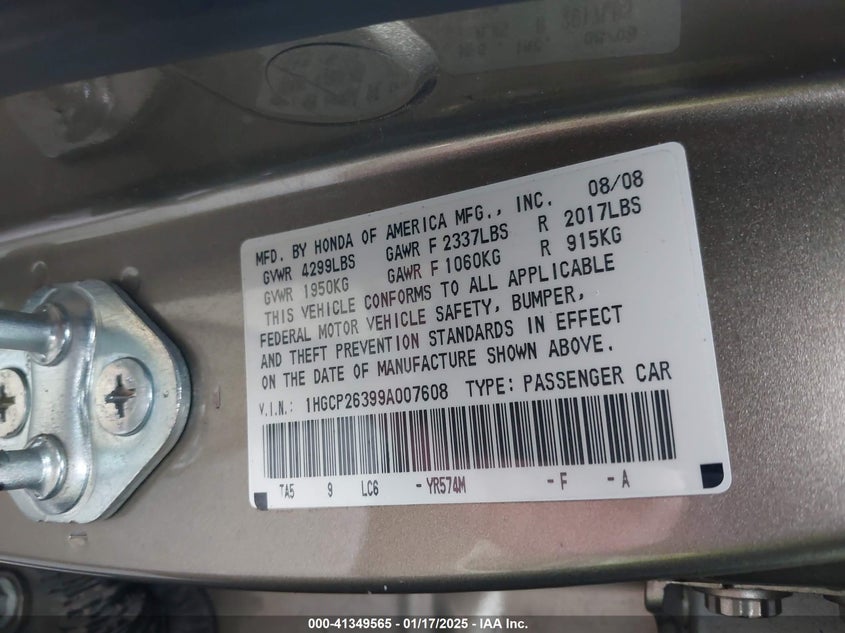 2009 HONDA ACCORD VIN: 1HGCP26399A007608