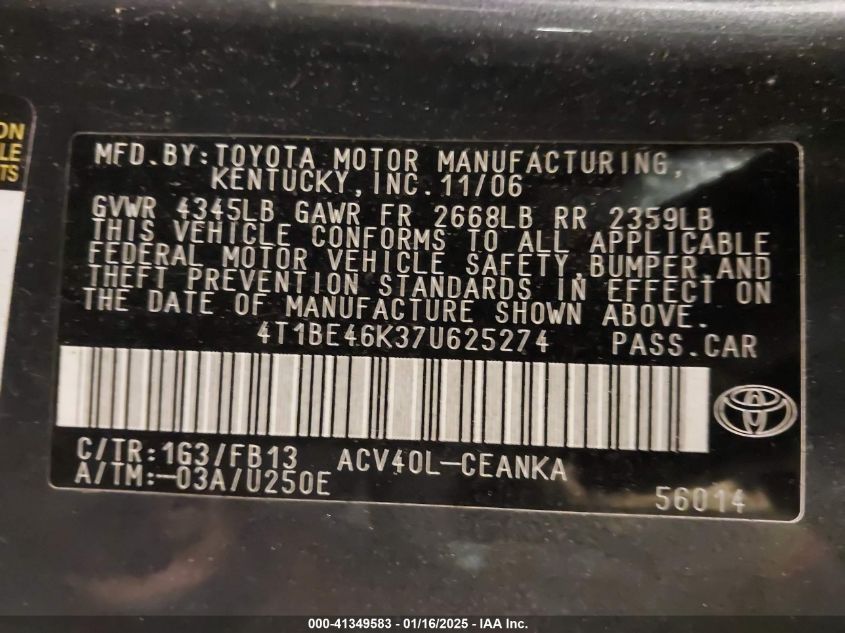 2007 Toyota Camry Le VIN: 4T1BE46K37U625274 Lot: 41349583