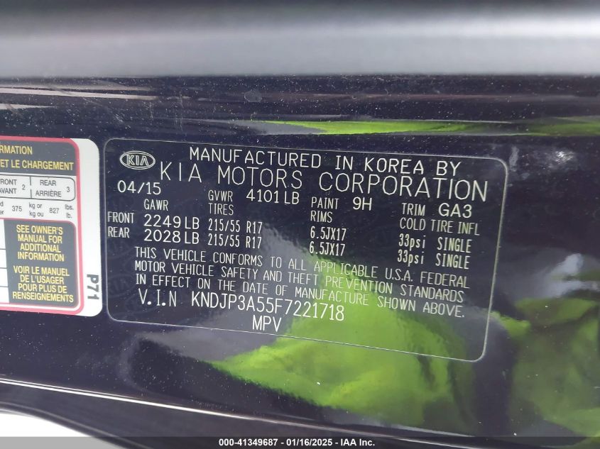 VIN KNDJP3A55F7221718 2015 KIA Soul, + no.9