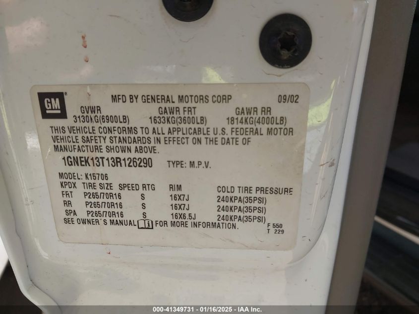 2003 Chevrolet Tahoe Ls/Lt/Z71 VIN: 1GNEK13T03R126295 Lot: 41349731